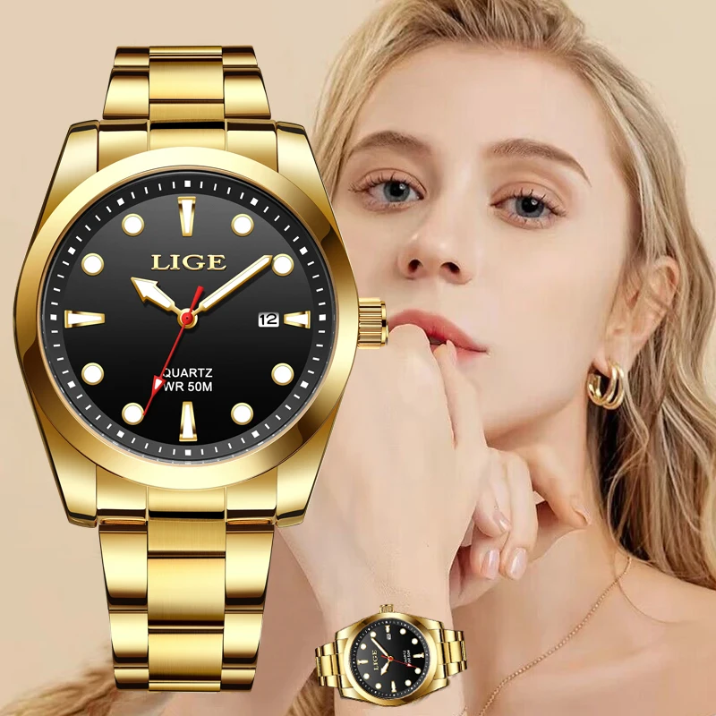 Top Trends: LIGE Ladies Wristwatch Luxury Waterproof Luminous Date Golden Watch For Women Dress Stainless Steel Quartz Women's Watches+ Box Shoppable Styles