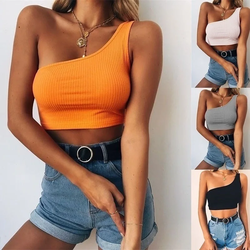 Top Trends: Women Tank Crop Top Sexy Low-cut One Shoulder Midriff-baring Tank Tops Girls Sleeveless Halternecks Backless Camisole T Shirt Shoppable Styles