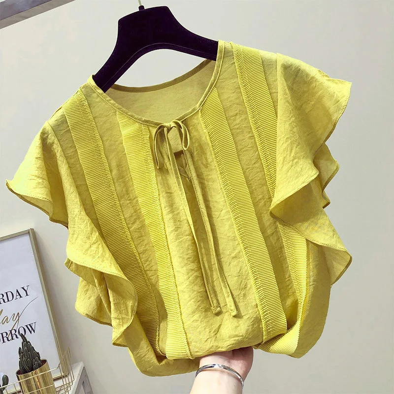 Top Trends: Elegant Loose Lace Up Bow Ruffles Chiffon Blouse Women Clothing Summer New Casual Pullovers Solid Color Office Lady Shirt Shoppable Styles