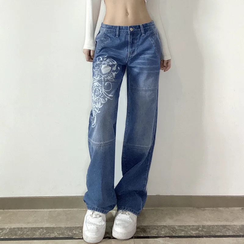 Top Trends: Spring Autumn New Fashion Printing Jeans Women High Street Casual Loose Zipper Button Pockets Cotton All-match Straight Pants Shoppable Styles