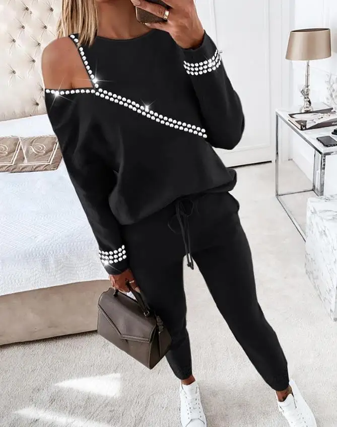 Top Trends: Two Piece Casual Outfits Rhinestone Decor Cold Shoulder Top &amp; Pants Set Long Sleeve Tees Cold Shoulder Drawstring Y2K Clothing Shoppable Styles