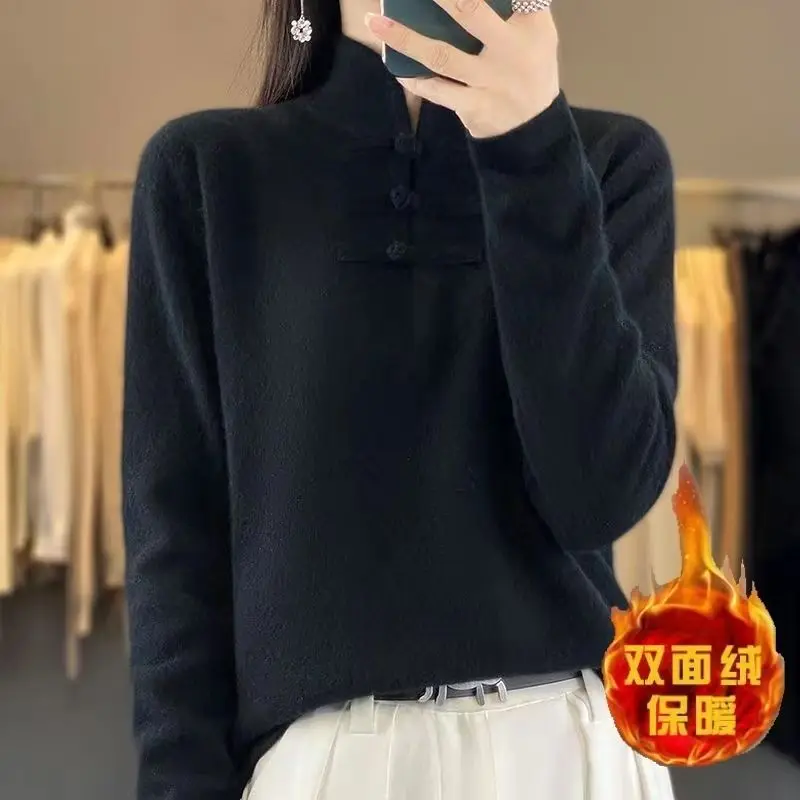 Top Trends: Women's Autumn Winter Fashion Elegant Half High Collar Pullover Long Sleeved Versatile Chinese Style Lady Tops Y2K Chic T-shirts Shoppable Styles - Image 4