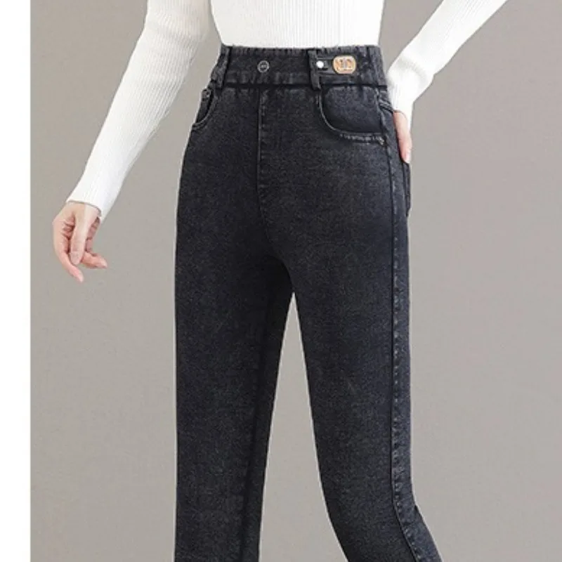 Top Trends: Autumn And Winter Women's High Waist Patchwork Pockets Slim Solid Color Fashion Casual Elegant Commuter Denim Straight Leg Pants Shoppable Styles