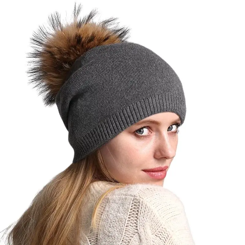 Top Trends: Autumn Winter Warm Knitted Hat Women Wool Skullies Beanies Casual Female Cashmere Beanie Cap Real Raccoon Fur Pompom Hat Shoppable Styles