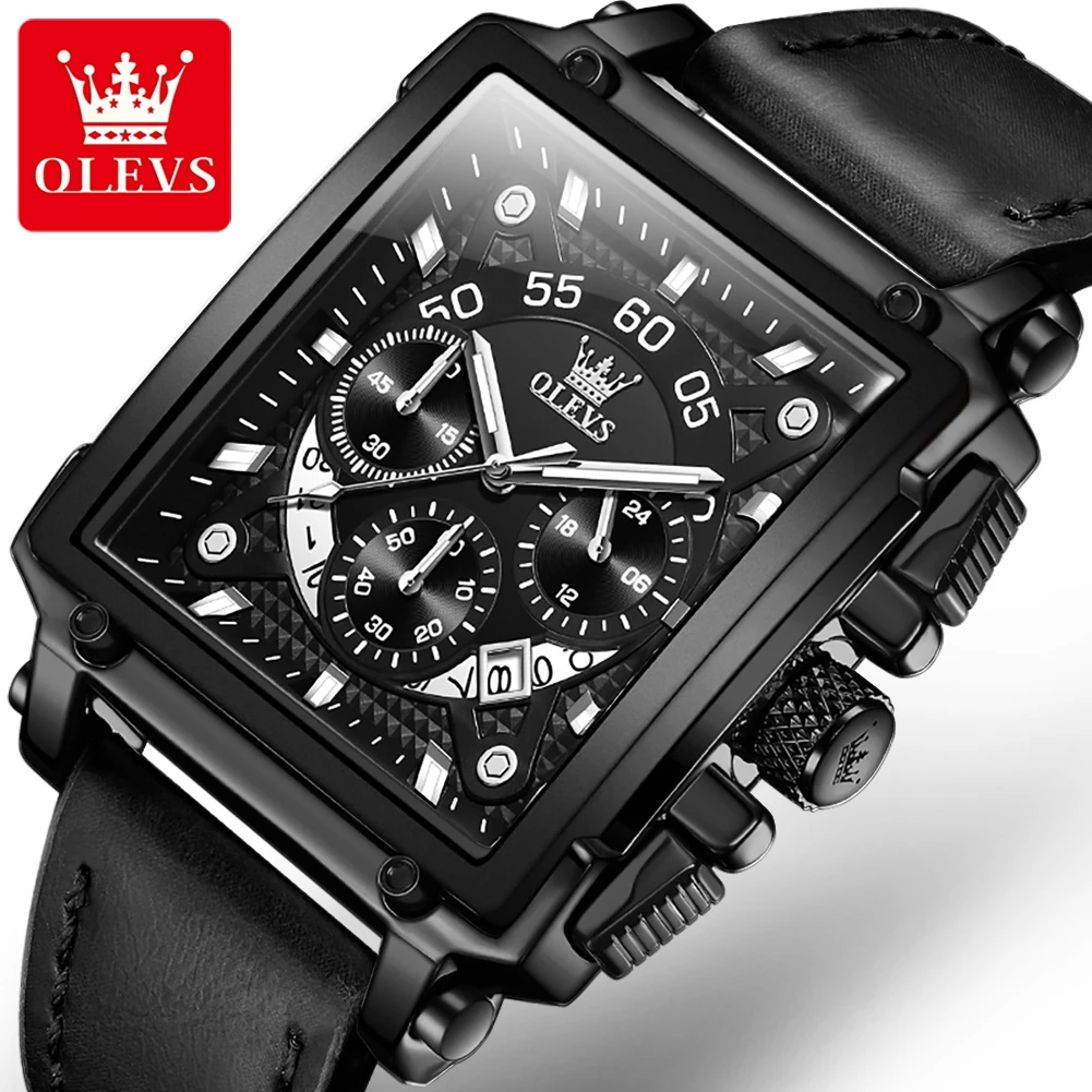 Top Trends: OLEVS Sport Square Quartz Watch Men Fashion Leather Strap Waterproof Luminous Date Chronograph Watches Mens Relogio Masculino Shoppable Styles