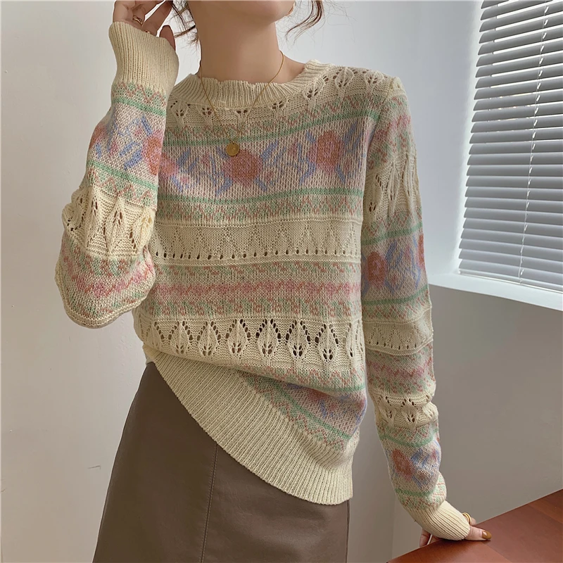 Top Trends: Vintage Print Women Clothes Sweater Hollow Out Long Sleeve Knitted Top 2023 Autumn Sweaters Jumpers Pullover Stripe Jersey Mujer Shoppable Styles