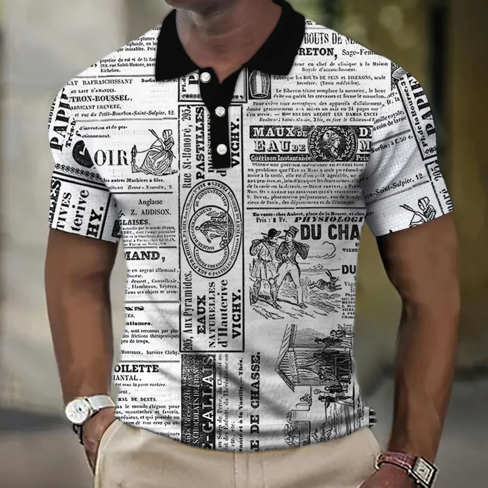 Top Trends: Vintage Men&#039;s Polo Shirt Newspaper Pattern T-Shirt Printed Polo Shirts Short Sleeve Tops High Quality Tees Fashion Men Clothing Shoppable Styles