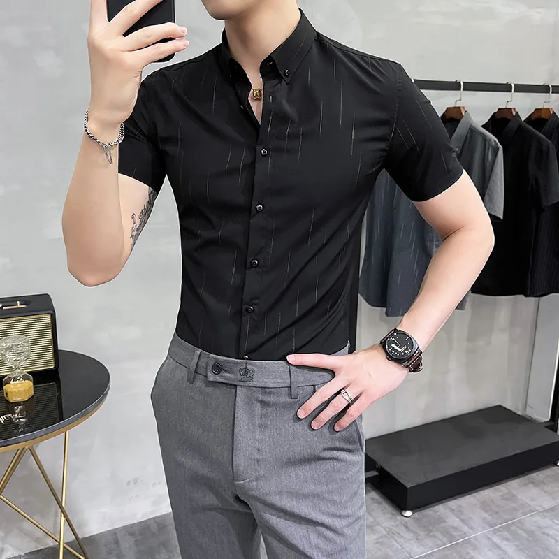 Top Trends: 2023 Brand Clothing Men&#039;s Summer Leisure Stripe Short Sleeve Shirts / Male Slim Fit Business Lapel Shirts Black White S-5XL Shoppable Styles