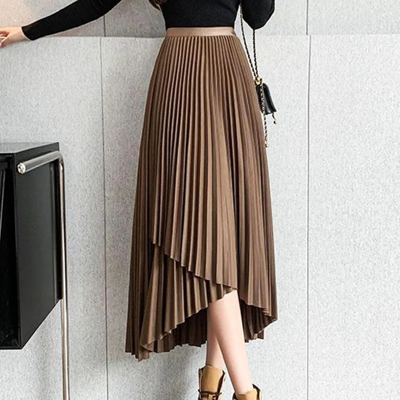 Top Trends: Korean Temperament High Waist Asymmetrical Pleated Skirt 2023 Summer New Style Midi Skirts Solid Color Chic Slit A-line Skirt Shoppable Styles