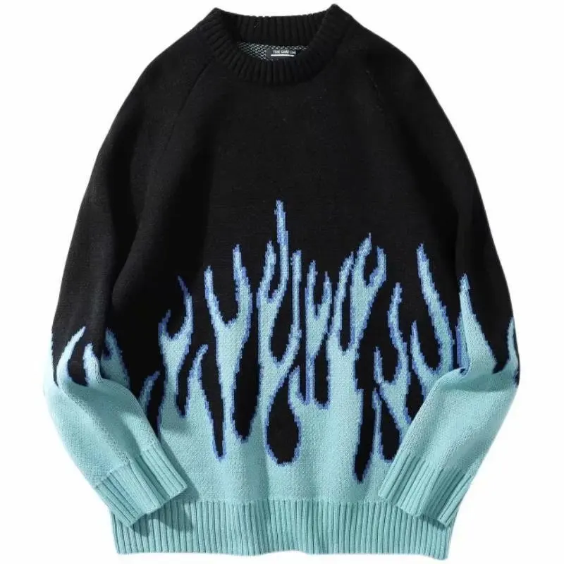 Top Trends: Hip Hop Mens Streetwear Harajuku Knitted Sweater Blue Fire Flame 2022 Autumn Sweater Pullover Loose HipHop Retro Vintage Shoppable Styles