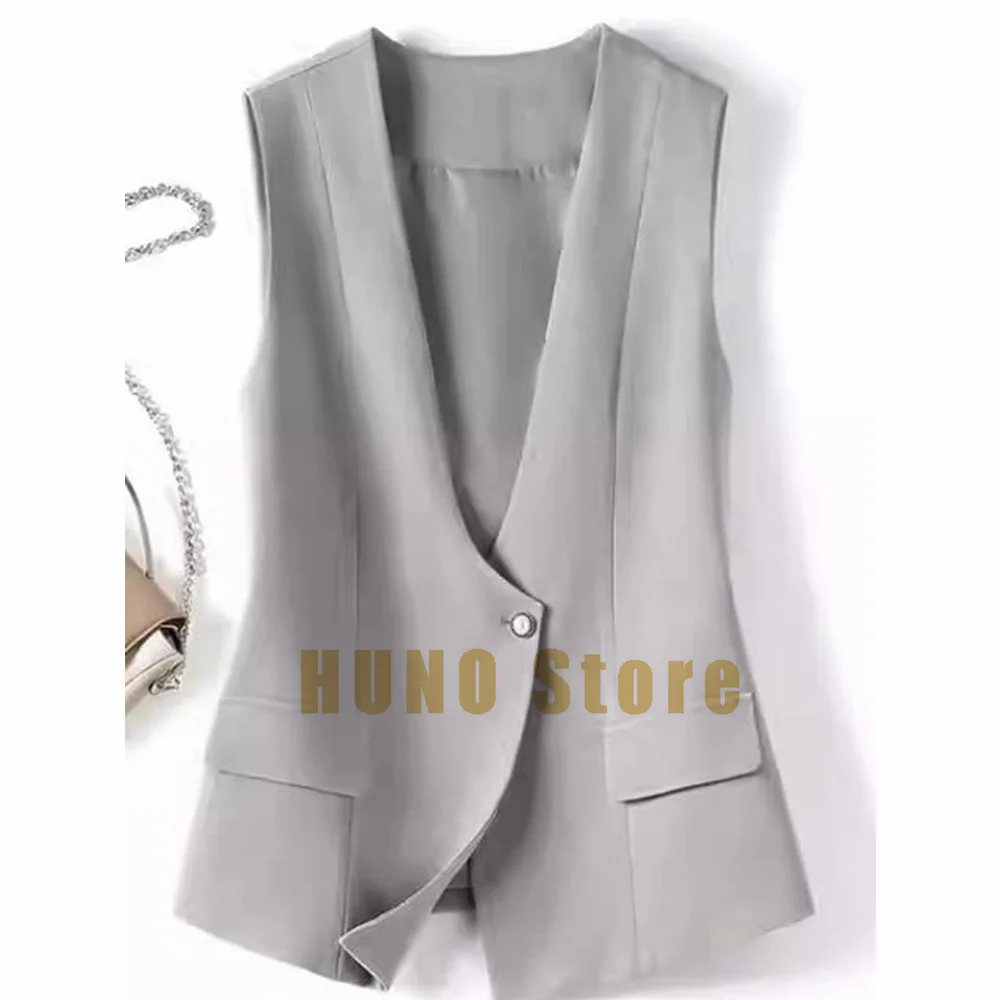 Top Trends: V-neck Spring And Autumn Casual Gray Suit Vest Female Loose Cardigan All-match Small Top One Button Sleeveless Ladies Vest Shoppable Styles