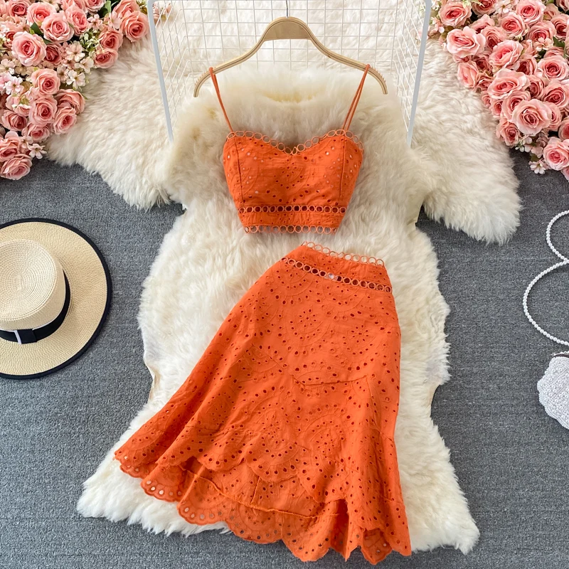 Top Trends: Summer Elegant Casual Fashion Skirts Suit Women Hallow Out Sleeveless Tanks Tops A-Line Saya Two Pieces Set Female Outfits Shoppable Styles