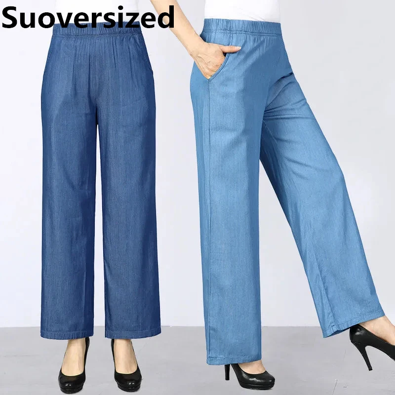 Top Trends: Oversized 5xl Summer Thin Ice Silk Wide Leg Jeans For Women Baggy High Waist Vaqueros Fashion Casual Mom's Straight Trousers Shoppable Styles