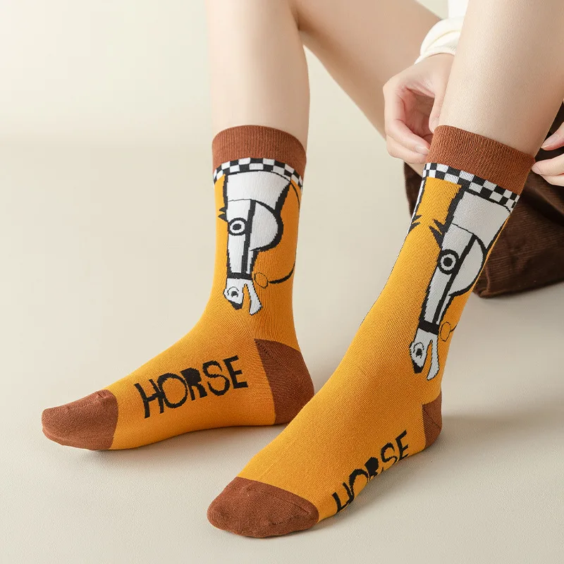 Top Trends: 1 Pair Cotton New Fashion Elegant Art Orange Yellow Horse Lion Women Socks Long Female Girls Ethic Style Dress Sox Summer Gift Shoppable Styles - Image 5