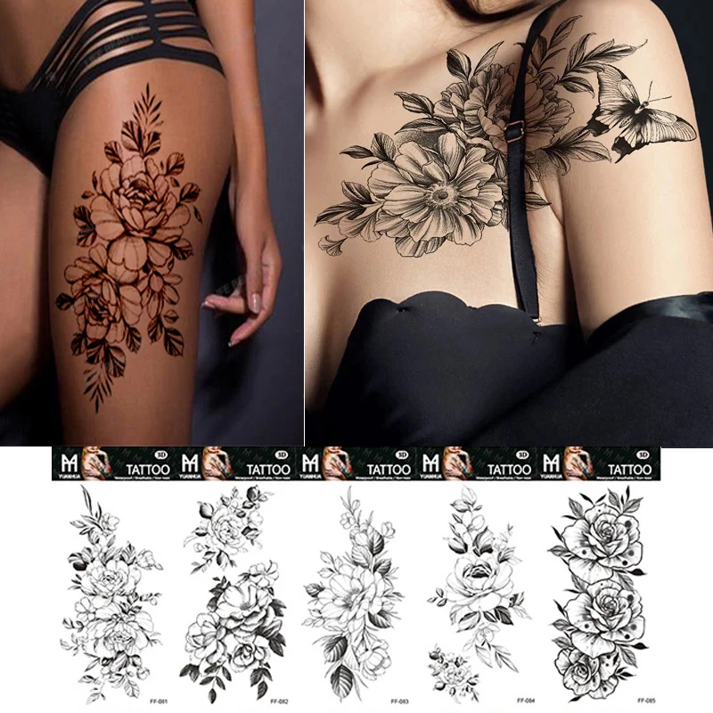 Top Trends: Sexy Black Flower Temporary Tattoos For Women Thigh Men Fake Moon Rose Compass Fake Tatoos Forearm Arm Sleeve Tattoo Stickers Shoppable Styles