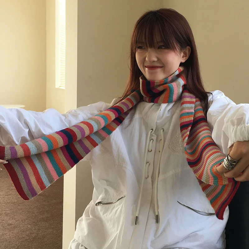 Top Trends: Rainbow Striped Knitted Scarf Female Japanese Sweet Warm Scarf Women Autumn Winter Fashion Knitwear Shawl Foulards Korean Style Shoppable Styles