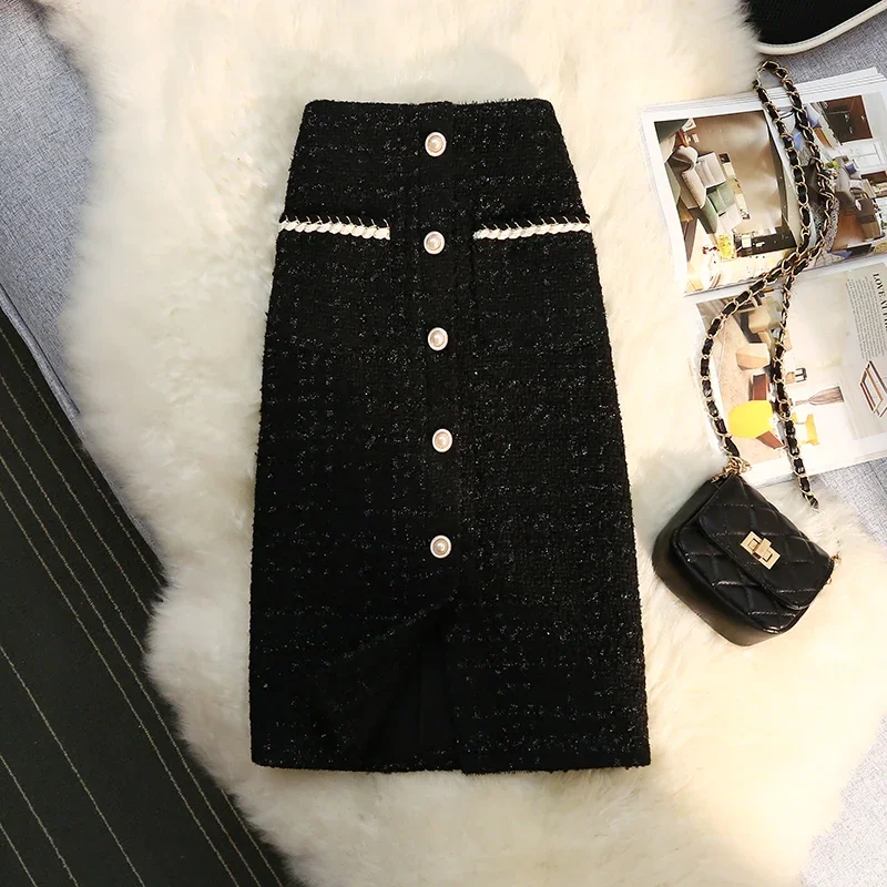 Top Trends: Black White Tweed Long Skirts Women Autumn Winter New Bright Silk Skirt Female Vintage High Waist A-line Wrap Skirt Office Lady Shoppable Styles - Image 4