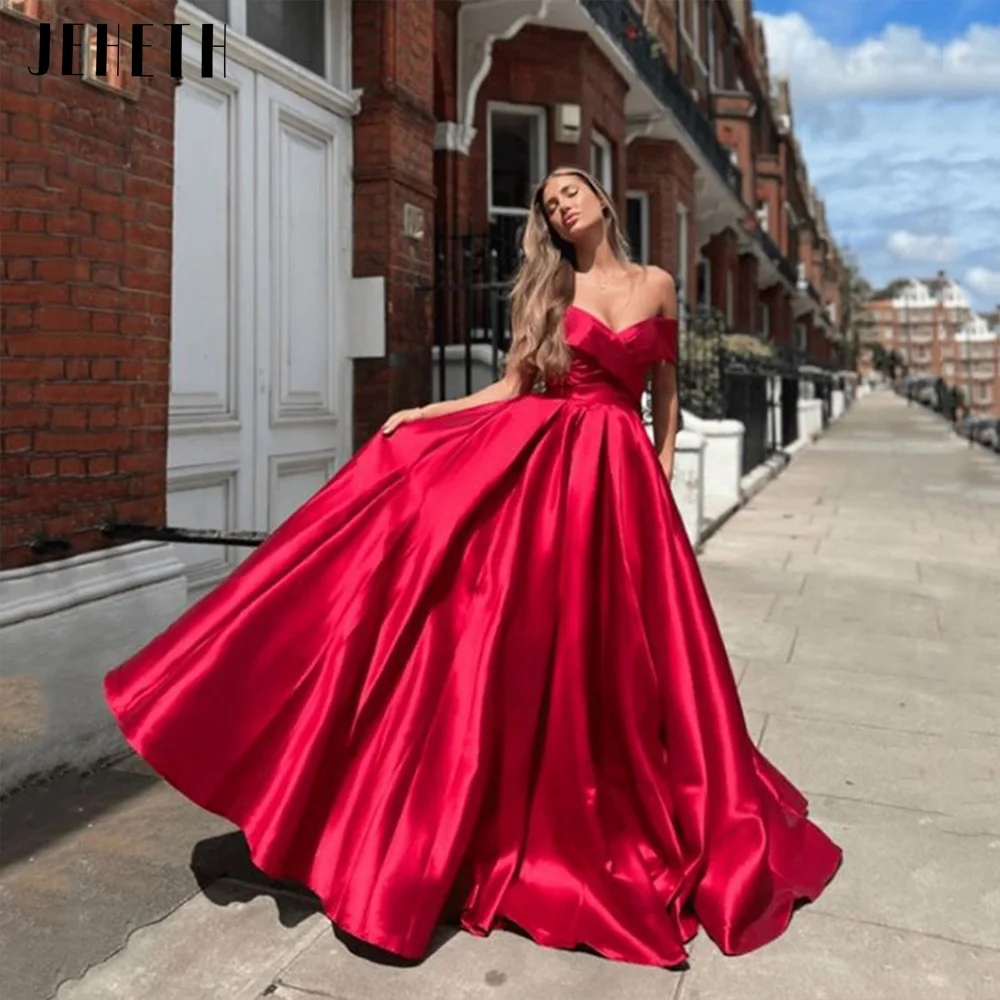 Top Trends: JEHETH Red Off Shoulder Satin Pleats Graduation Evening Dress For Wmoen Elegant Backless A Line Prom Party Gown Floor Length Shoppable Styles