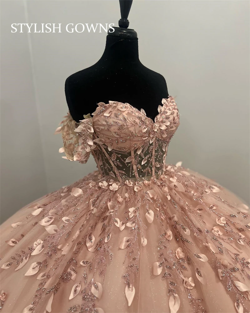 Top Trends: Pink Off The Shoulder Ball Gown Quinceanera Dresses For Girls Beaded 3D Flowers Birthday Party Gowns Lace Up Back Sweet 15 16 Shoppable Styles