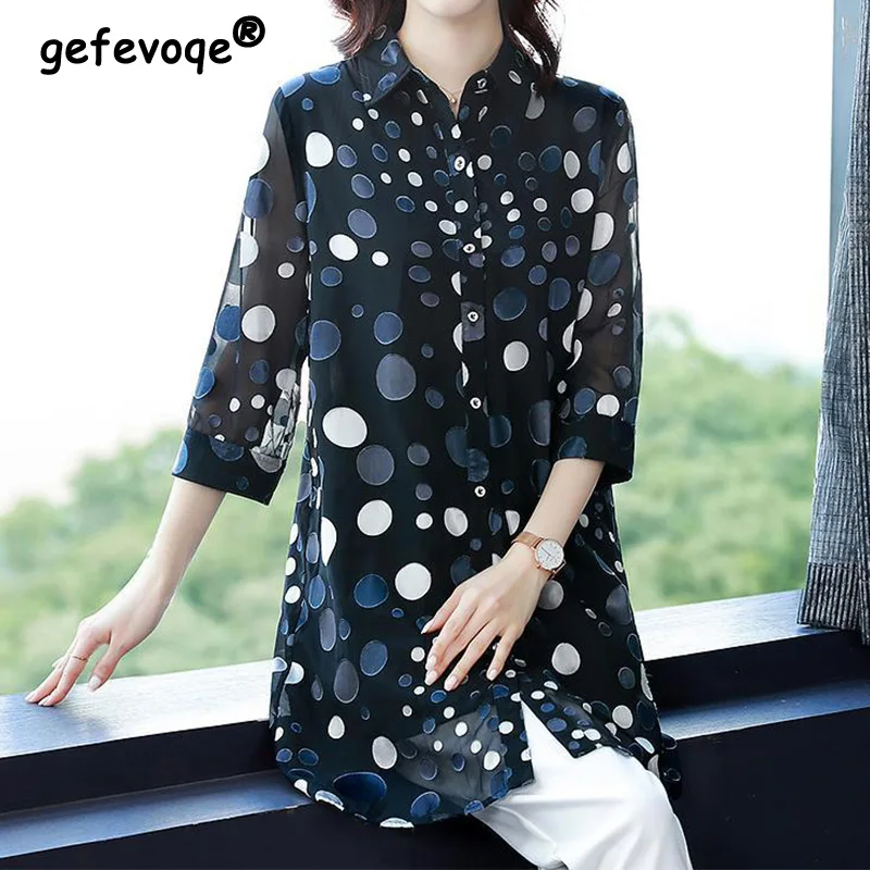 Top Trends: Casual Vintage Polka Dot Button Long Shirt Summer 2023 New Office Lady Polo-Neck Three Quarter Sleeve Loose Tops Ladies Clothing Shoppable Styles