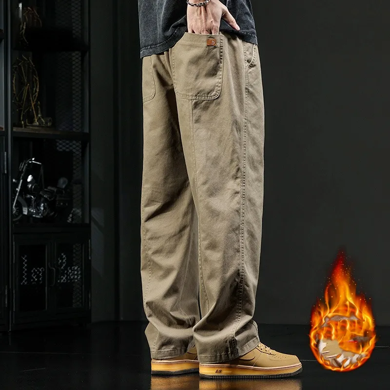 Top Trends: Retro Pure Cotton Thick Elastic Waist Drawstring Solid Autumn And Winter All-match Patchwork Pockets Straight Casual Cargo Pants Shoppable Styles - Image 3