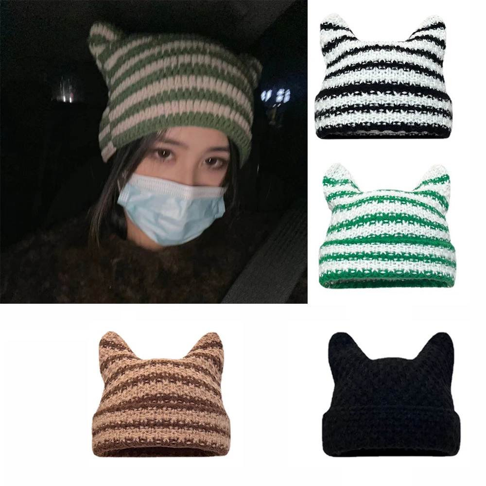 Top Trends: Japanese Beanie Hat Women Cute Cat Ears Knitted Wool Cap Girl Winter Pointed Pullover Halloween Hats Little Devil Striped Beanie Shoppable Styles