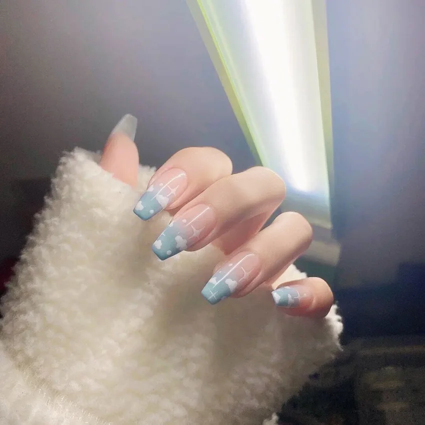 Top Trends: 24p Artifical Fake Nails Full Coverage False Nails White Clouds French Long Wearing Reusable Nail Coffin Ballerina Press On Nail Shoppable Styles