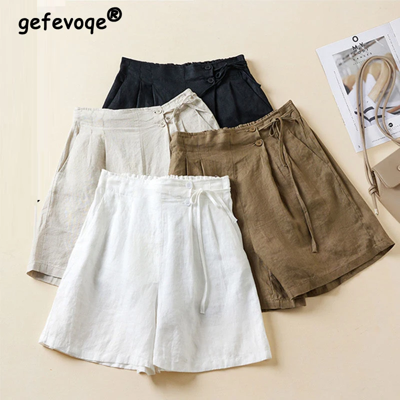 Top Trends: Summer Cotton Linen Elastic Waist Wide Leg Short Pants Ladies Loose Casual Solid Color Lace Up All-match Shorts Women's Clothing Shoppable Styles