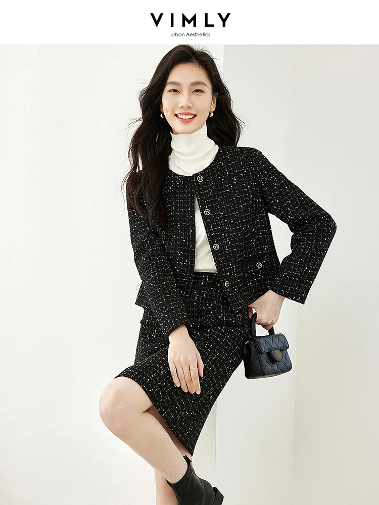 Top Trends: VIMLY Sequins Tweed Two Piece Set For Women Autumn Black Elegant Outfits 2023 New In Matching Sets Long Sleeve Jacket Mini Skirt Shoppable Styles