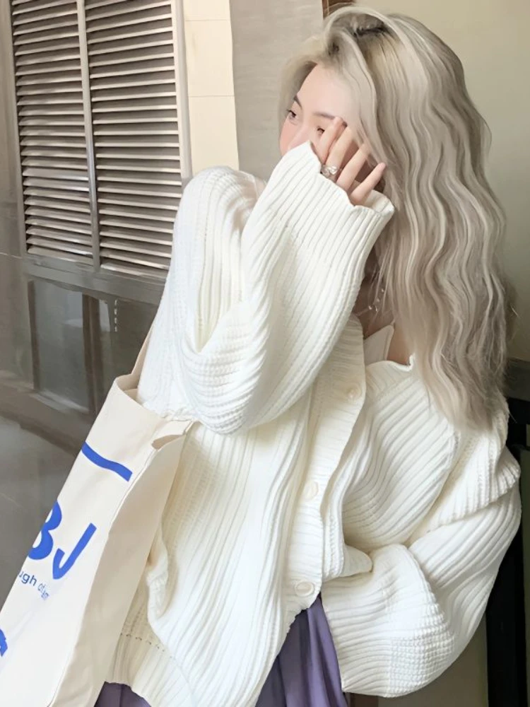 Top Trends: Deeptown Harajuku White Knitted Cardigan Women Vintage Oversized Hollow Out Sweater Lazy Style Casual Knitwear Tops High Street Shoppable Styles