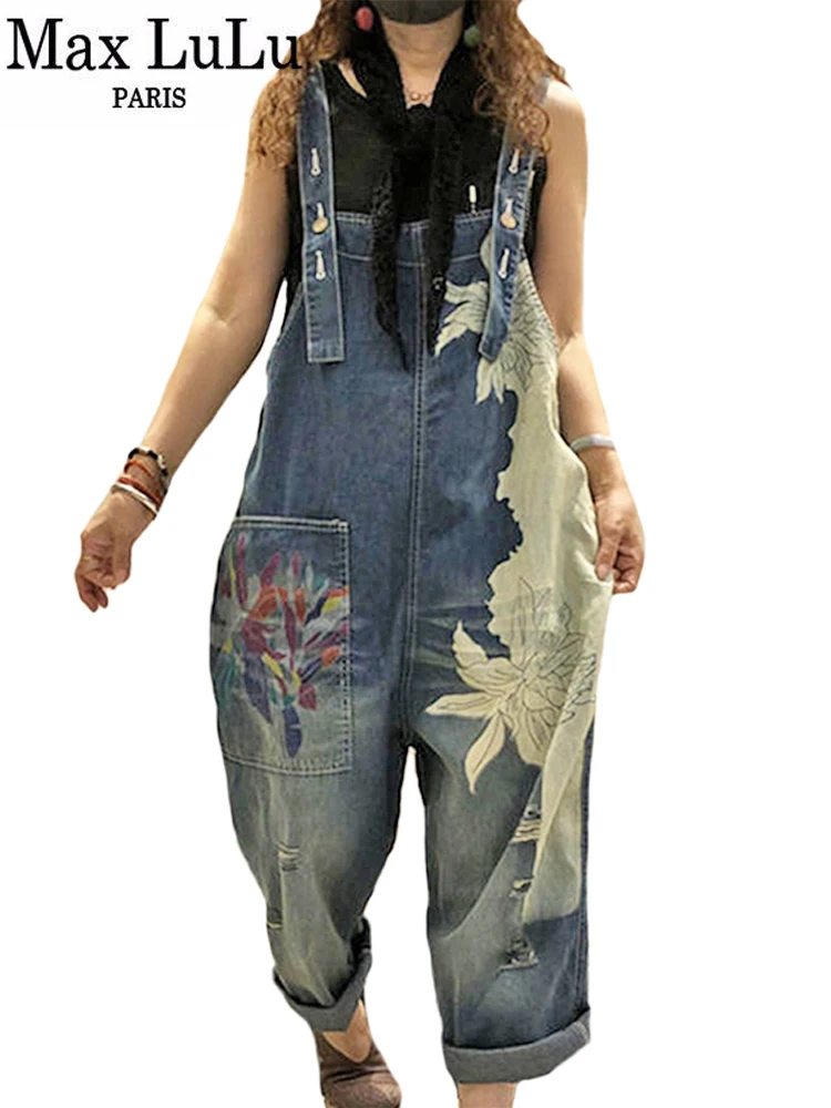 Top Trends: Max LuLu European Fashion Style Spring Female Printed Denim Overalls Ladies Vintage Casual Jeans Women Loose Trousers Wide Pants Shoppable Styles