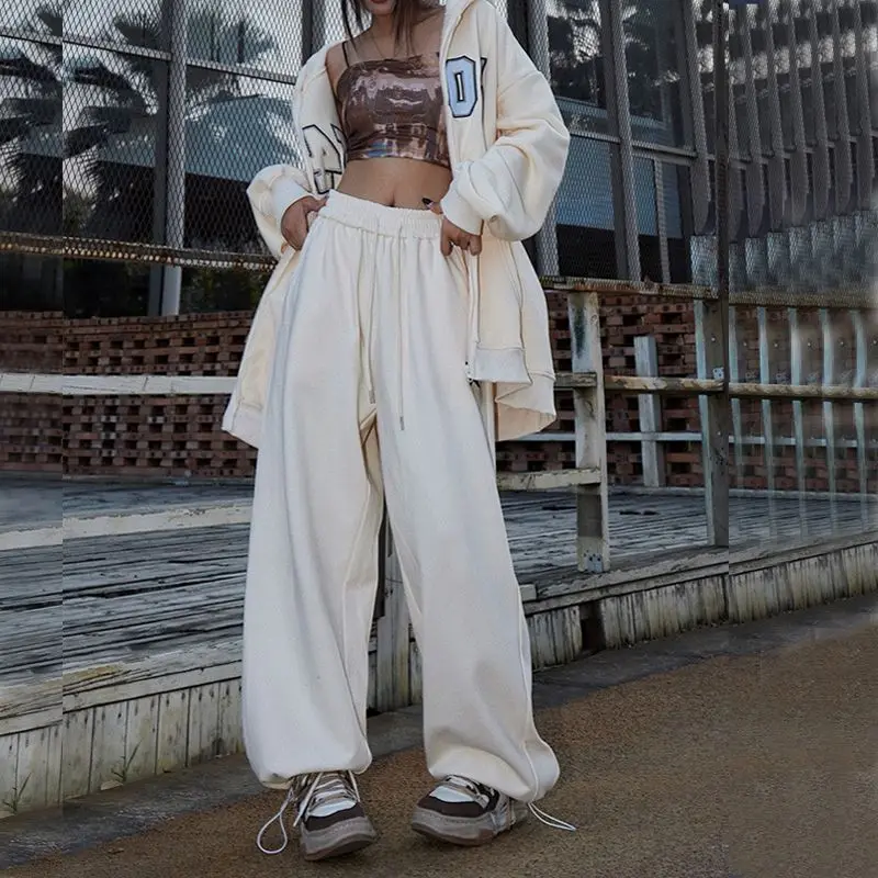 Top Trends: Streetwear Vintage Elastic High Waist Wide Leg Pants Women Solid All-match Fashion Straight Hip Hop Loose Dance Sports Trousers Shoppable Styles