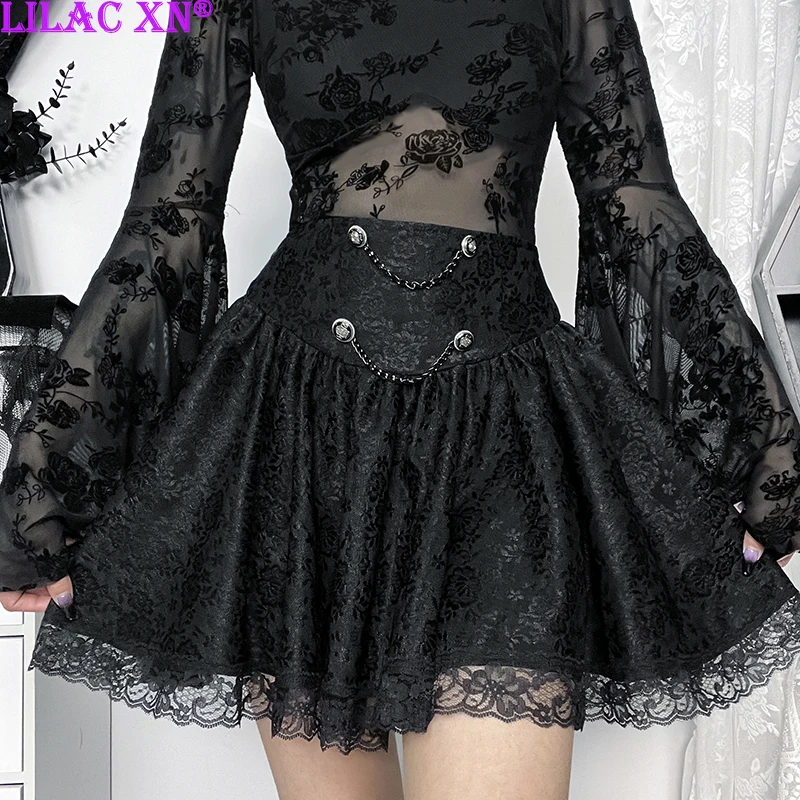 Top Trends: Gothic Black Floral Print Lace Trim A-Line Mini Skirts For Women Y2K Vintage Aesthetic High-waist Chains Short Skirt Streetwear Shoppable Styles