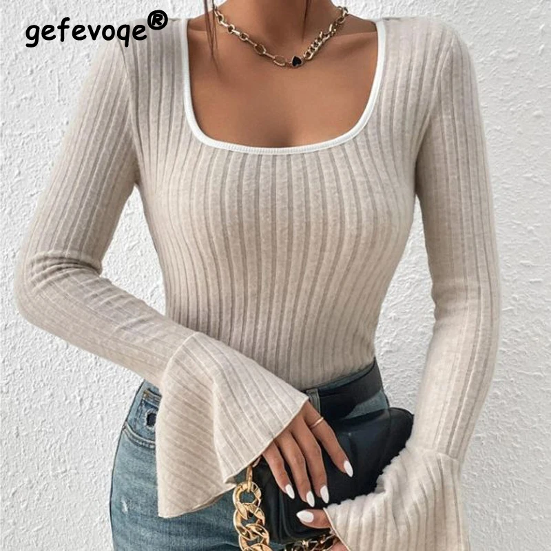 Top Trends: Women Fashion Square Collar Flare Long Sleeve Elegant Basic T Shirt New Autumn Winter Slim Long Sleeve Ribbed Tops Ropa De Mujer Shoppable Styles