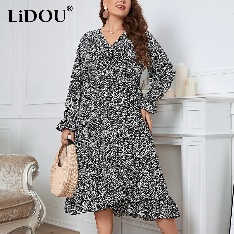 Top Trends: Autumn Winter Floral Plus Size Casual Simple Dress Female Long Sleeve V Neck Temperament Elegant Fashion Chic Vestidos De Fiesta Shoppable Styles