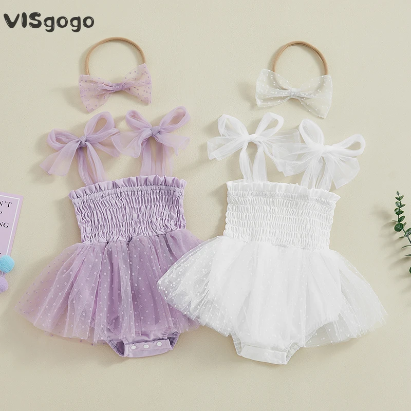 Top Trends: VISgogo Baby Girl Romper 2Pcs Summer Outfits Sleeveless Tie Strap Smocked Romper Dress With Headband Infant Cute Clothes Shoppable Styles