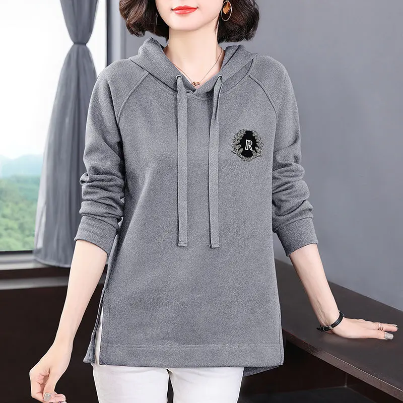 Top Trends: Korean Hooded Drawstring Pullovers Spring Autumn Fashion Patch Designs Diamonds Women's Clothing Solid Color Midi Sweatshirts Shoppable Styles