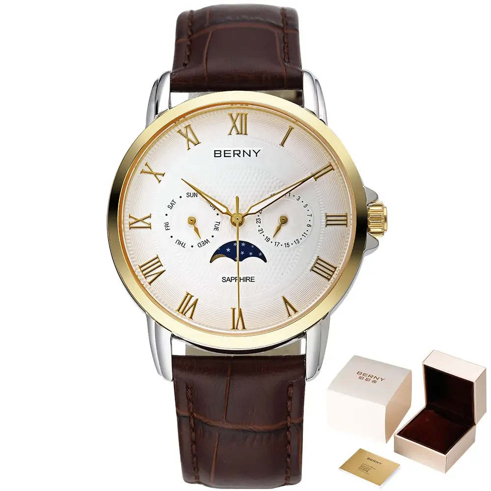 Top Trends: BERNY Quartz Multifunction Watch For Men Sapphire Dress Watch Waterproof Stainless Steel Clock Leather Bracelet Man Wristwatch Shoppable Styles