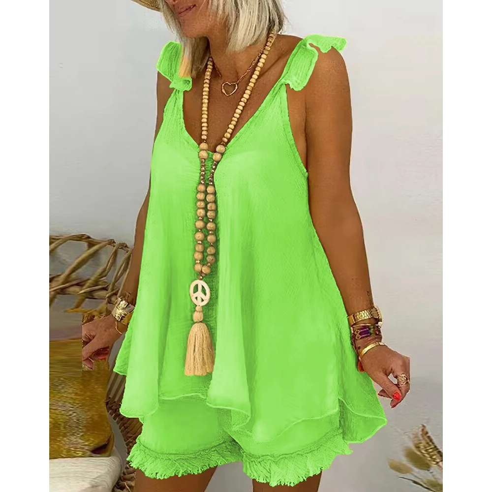 Top Trends: Women Sleeveless Flowy Top & Tassel Design Shorts Set Female V-Neck Solid 2 Piece Casual Loose Summer 2023 Outfits Clothing Shoppable Styles