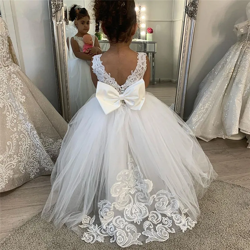 Top Trends: White Bridesmaid Dress Girls Flower Girl Dresses Ball Gown Kids Wedding Party Pageant First Communion Gown Big Bow Long Sleeves Shoppable Styles