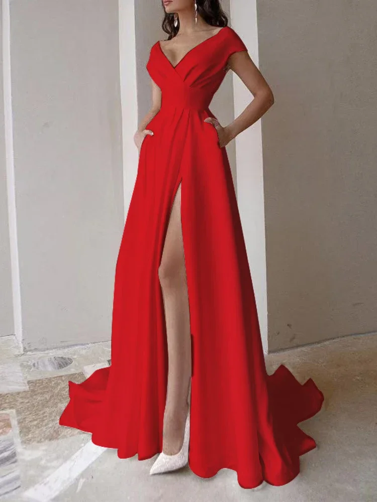 Top Trends: V-neck Ruffled Long Evening Dress High Waist Slit Sleeveless Elegant Party Dresses 2024 Sexy Irregular Solid Graduation Dresses Shoppable Styles - Image 6