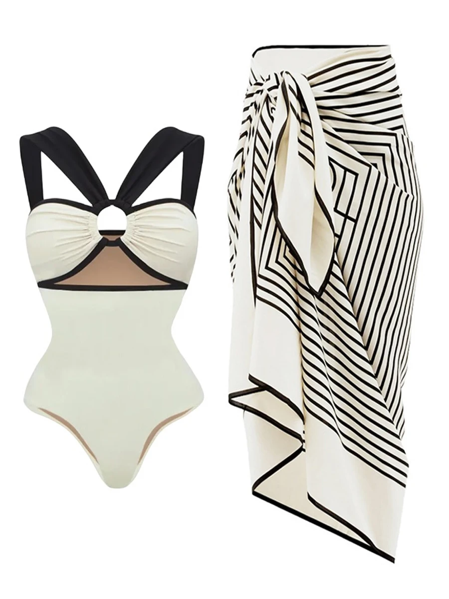 Top Trends: Fashion Color Block One Piece Swimsuit And Kimono Women&#039;s Luxury Beach Outfits Bikinis Sexy Swimwear Bathing Suit Beachwear 2024 Shoppable Styles