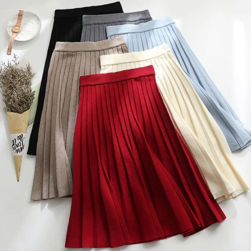 Top Trends: Women Knitted Midi Skirt Elegant Black A-Line High Waist Pleated Long Skirt Korean 2023 Spring Autumn Winter Faldas Femme Jupes Shoppable Styles