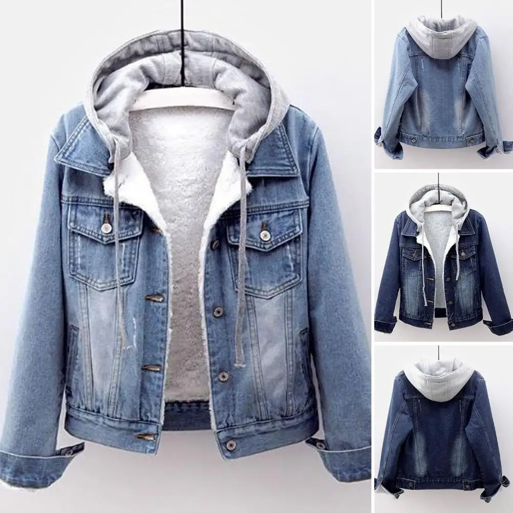 Top Trends: Women Winter Jacket Hooded Solid Long Sleeves Detachable Hat Thick Keep Warm Single-breasted Plus Size Plush Denim Winter Coat Shoppable Styles