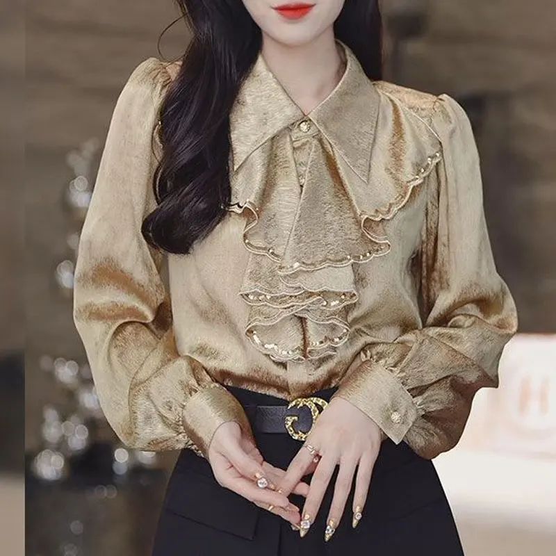 Top Trends: Office Lady Elegant Ruffles Patchwork Shirt Spring Autumn Fashion Sequined Female Clothing Lapel Commute Single-breasted Blouse Shoppable Styles