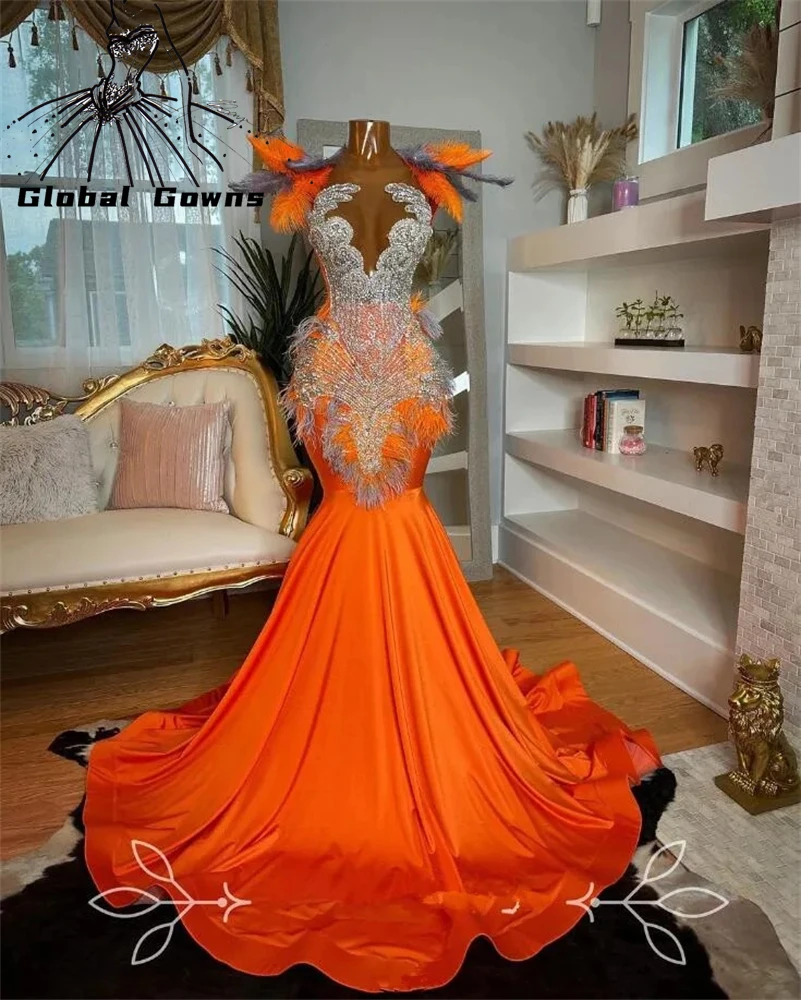 Top Trends: Orange High Neck Long Prom Dress For Black Girls 2024 Beaded Crystal Rhinestone Birthday Party Dresses Feathers Evening Gown Shoppable Styles