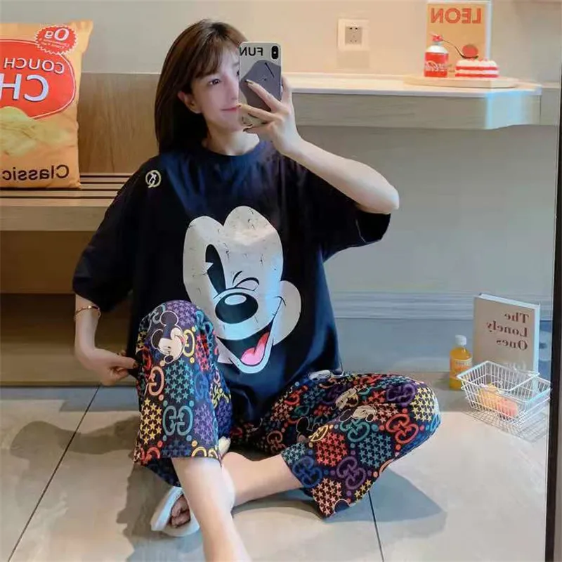 Top Trends: Disney Cartoon Mickey Winnie Print Summer Milk Silk Pajamas Women's Short-sleeved Trousers Suit Home Wear Suit Cute Girl Pajamas Shoppable Styles