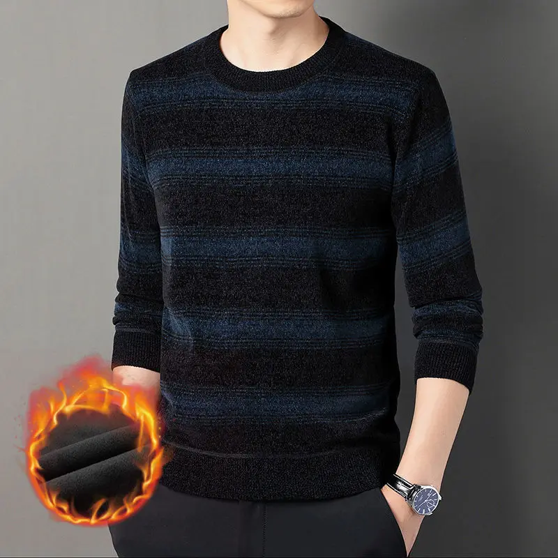 Top Trends: Fashionable Striped Plus Fleece Sweaters Autumn Winter Male Clothes Classic Comfortable Round Neck Long Sleeve Knitted Pullovers Shoppable Styles - Image 4