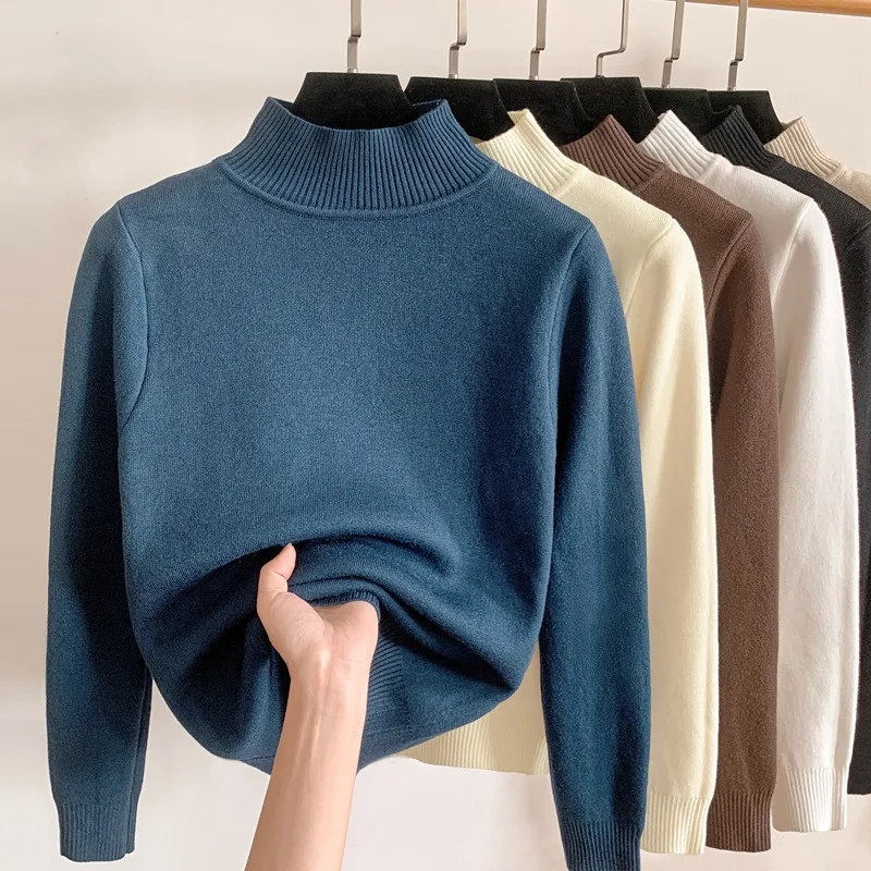 Top Trends: Korean Turtleneck Slim Thicken Knitted Pullovers Woman 2023 Winter Plus Velvet Sweater Casual Fleece Lined Warm Knitwear Tops Shoppable Styles