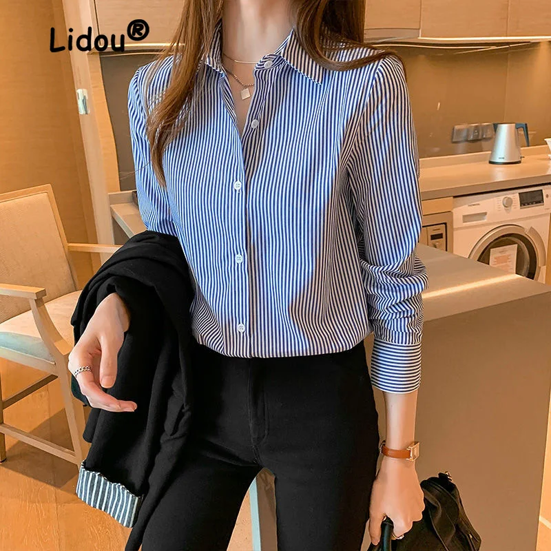 Top Trends: Profession Office Printing Striped Single-breasted Blouse Women New Long Sleeve Turn-down Collar Korean All-match Lady Shirt Shoppable Styles